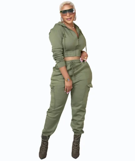 Winter Women Casual Crop Sweatshirt Pocket Cargo Pants Two-Piece Set